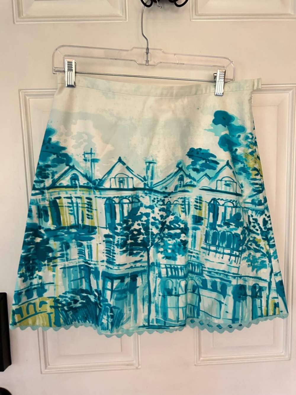 Women's White A-Line Skirt with Teal Architectural Print